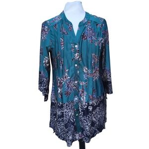 Anthropologie Fig and Flower Green Floral Tunic Blouse Pleated Button Down L